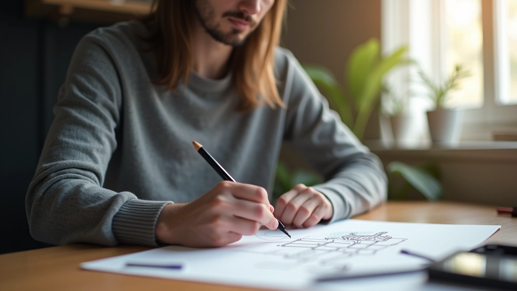 Designer esboçando conceito de animação em notebook, papel e lápis sobre mesa de trabalho criativa
