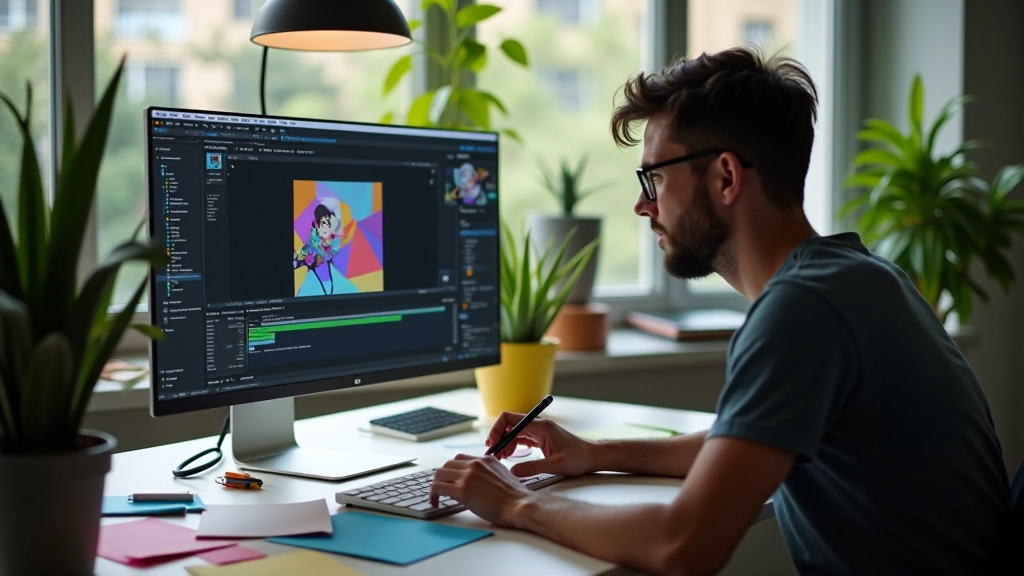 Designer trabalhando em computador com aplicativo de animação aberto, rodeado de plantas, caneta gráfica e notas coloridas sobre a mesa