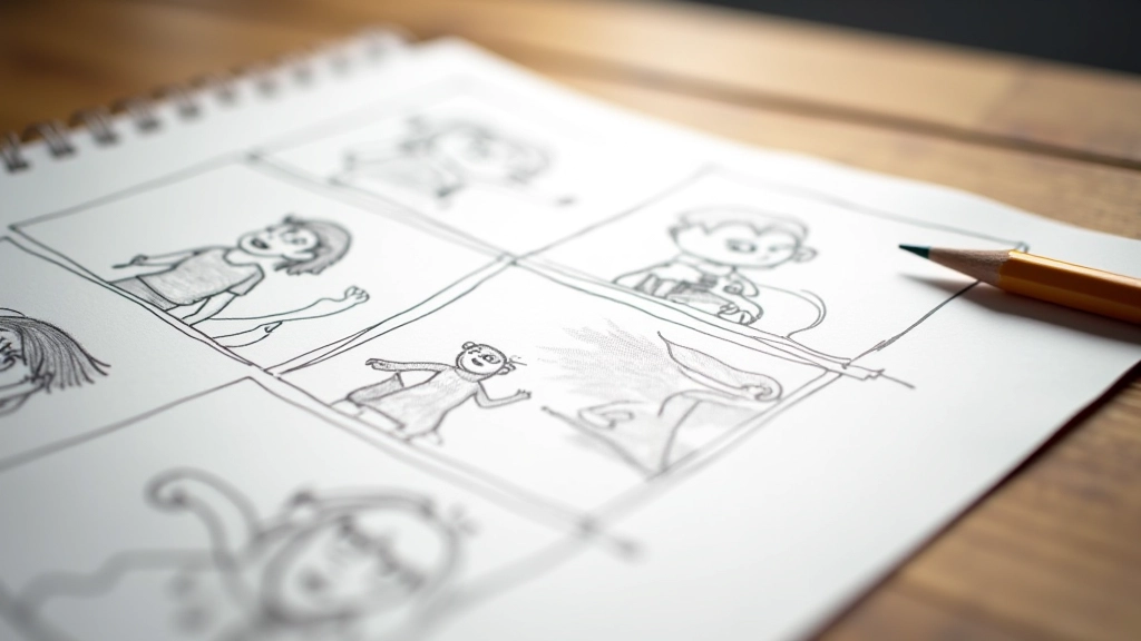 Storyboard desenhado à mão com quadros de sequência de animação de personagem