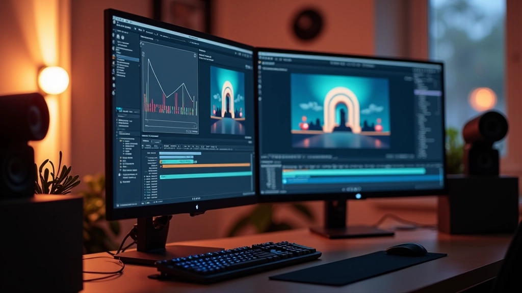 Estúdio criativo moderno com múltiplos monitores exibindo software de animação, teclado mecânico e mouse, iluminação ambiente quente