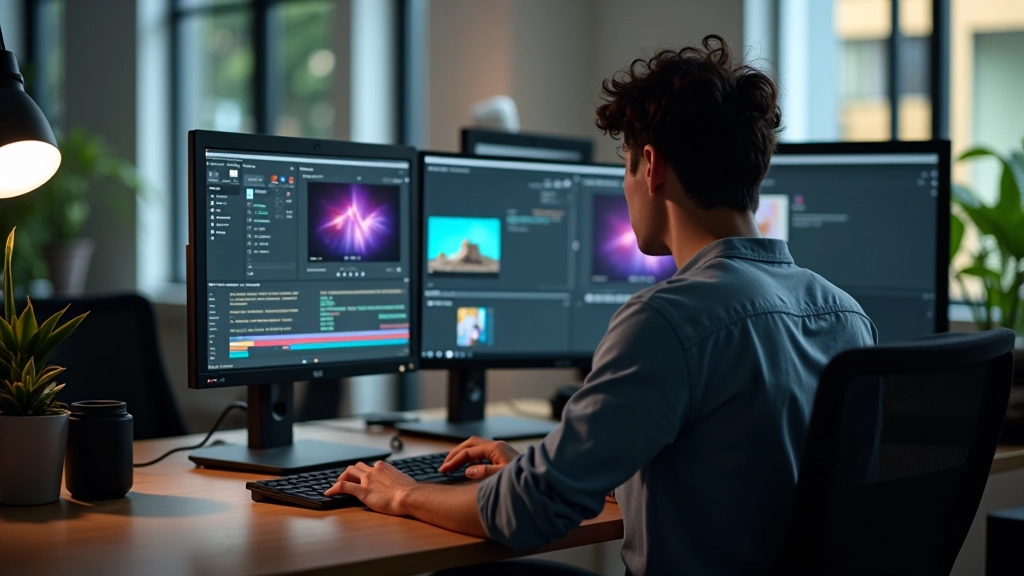 Estúdio profissional de motion graphics com designer trabalhando em animações