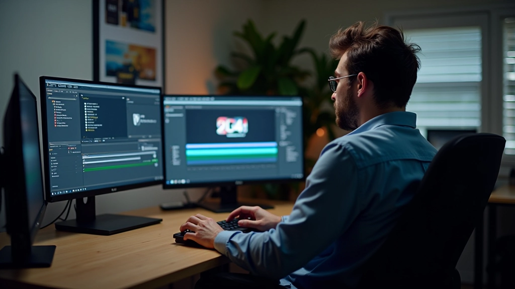 Espaço de produção com múltiplos monitores mostrando timeline de animação