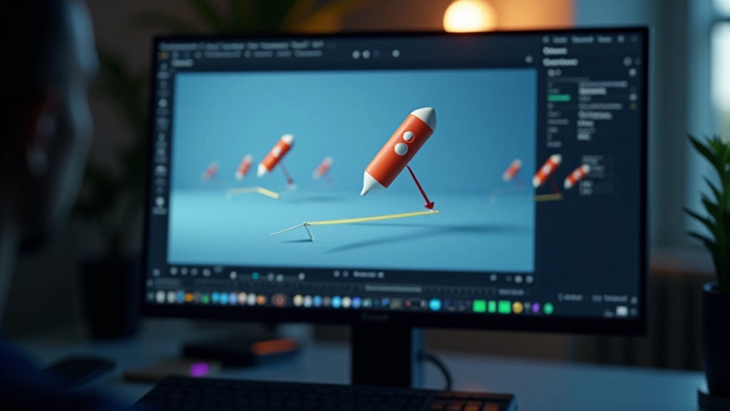 Tela de software de motion graphics mostrando um objeto animado em diferentes posições com setas indicando movimento entre keyframes