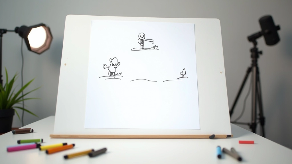 Quadro branco com sketches de storyboard para animação de personagem