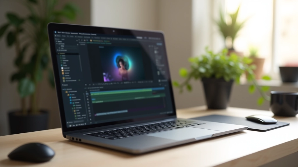 Workspace com laptop mostrando interface do After Effects, teclado e mouse ao lado